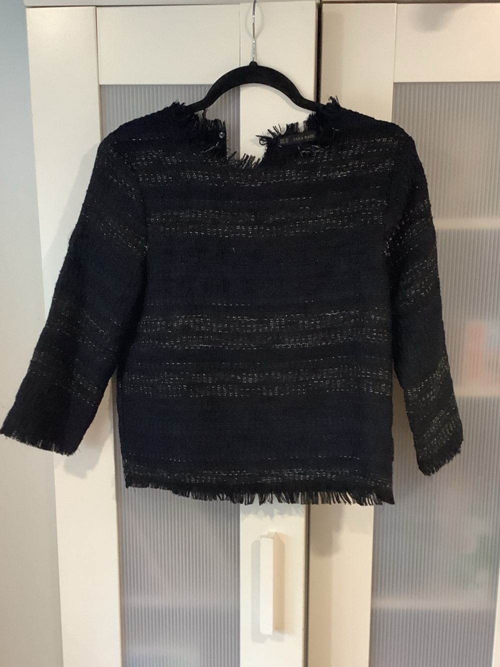 Zara Black Fringed Tweed Boatneck Top